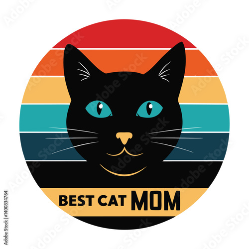 Retro-style vector illustration of a black cat face with colorful stripes and "Best Cat Mom" text—perfect for cat lovers and pet-themed designs.
