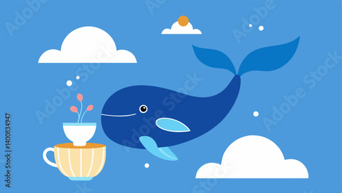 Tea Kettle Whale An imaginative illustration of a whale spouting hot tea instead of water from its blowhole. The whale is brightly colored with decorative patterns and small