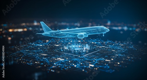 Futuristic Digital Air Traffic Network with Holographic Airplane and Circuit City