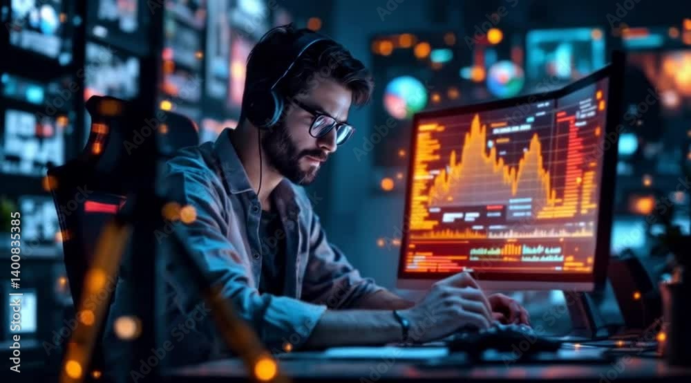Man working on computer in modern office with glowing graphs Man working on computer in modern office with glowing graphs