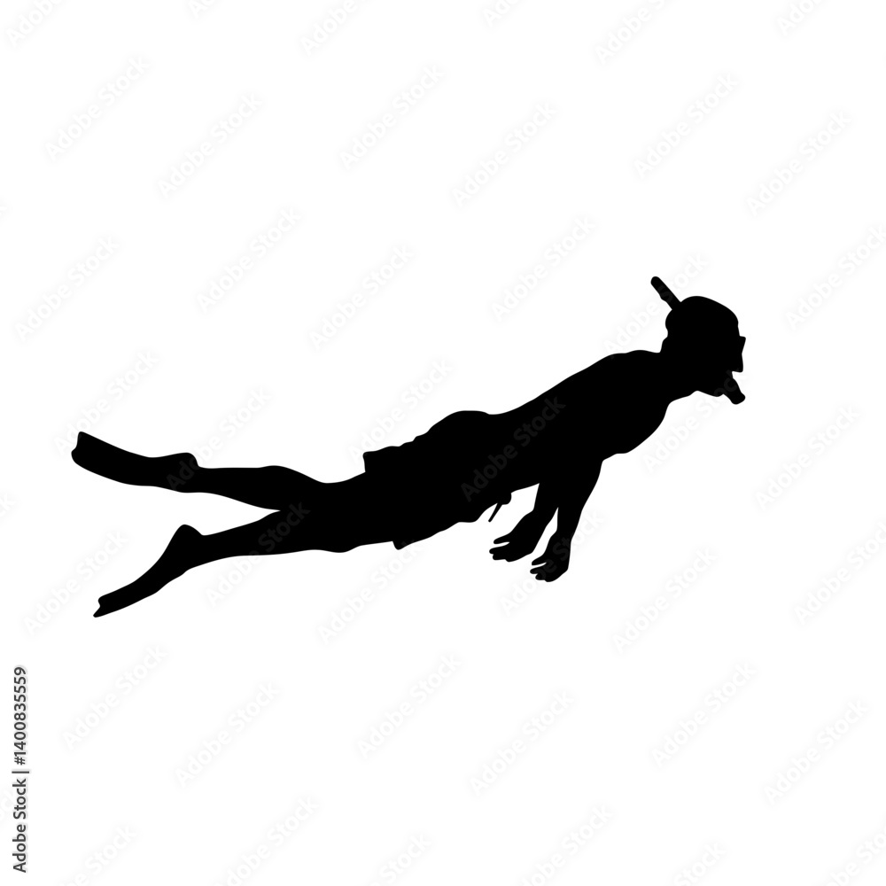 Fototapeta premium Diver silhouette swimming underwater with snorkel and fins in black and white style