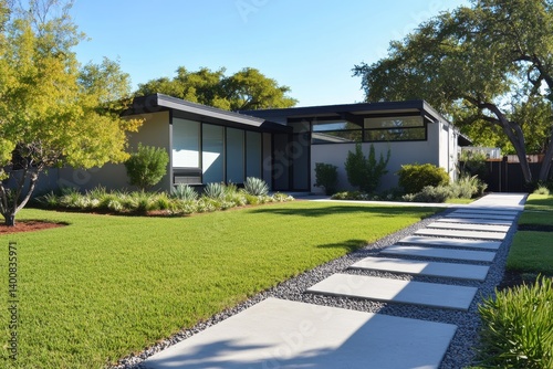 Wallpaper Mural Modern home with a green lawn and a stone pathway leading to the front door on a sunny day Torontodigital.ca