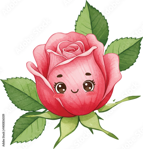 Shy Rosebud Character Peeking from Behind Leaves