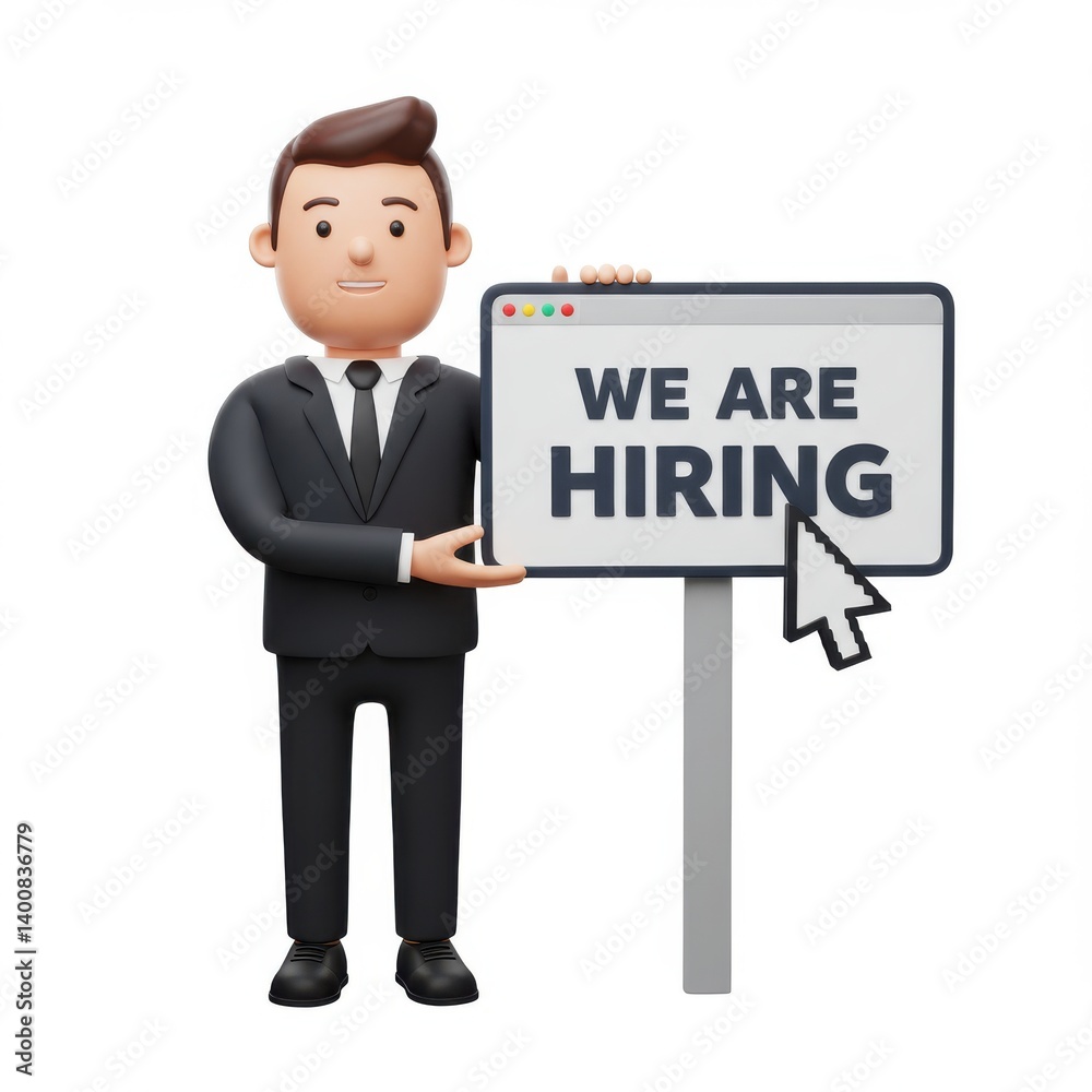 Cartoon man holding hiring sign on white background Cartoon man holding hiring sign on white background