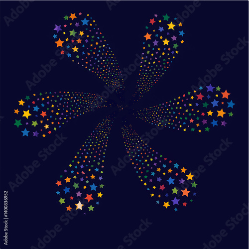 A vibrant digital artwork showcasing an abstract radial pattern made from colorful circles arranged in a symmetrical spiral. Set against a deep navy background, the composition creates a sense of move