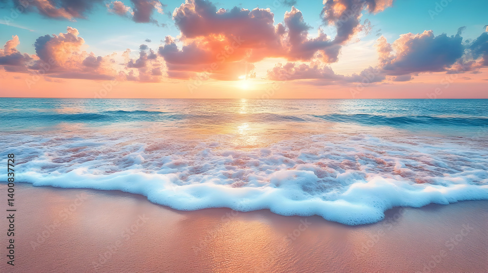 Scenic Ocean Beach at Colorful Sunset with Foam Waves on Sand in Gentle Light and Open Sky