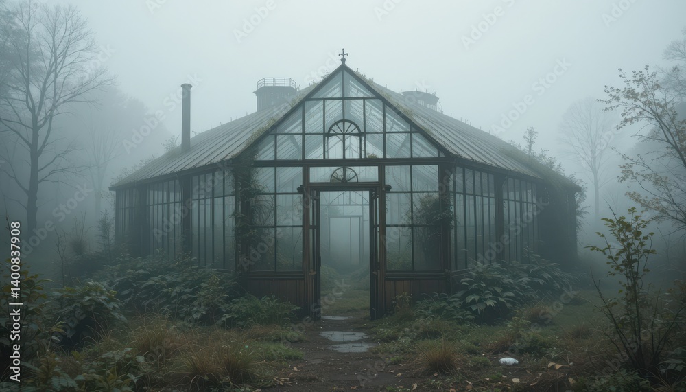 Enigmatic Glasshouse Shrouded in Fog A Mysterious Greenhouse in the Mist Enigmatic Glasshouse Shrouded in Fog A Mysterious Greenhouse in the Mist
