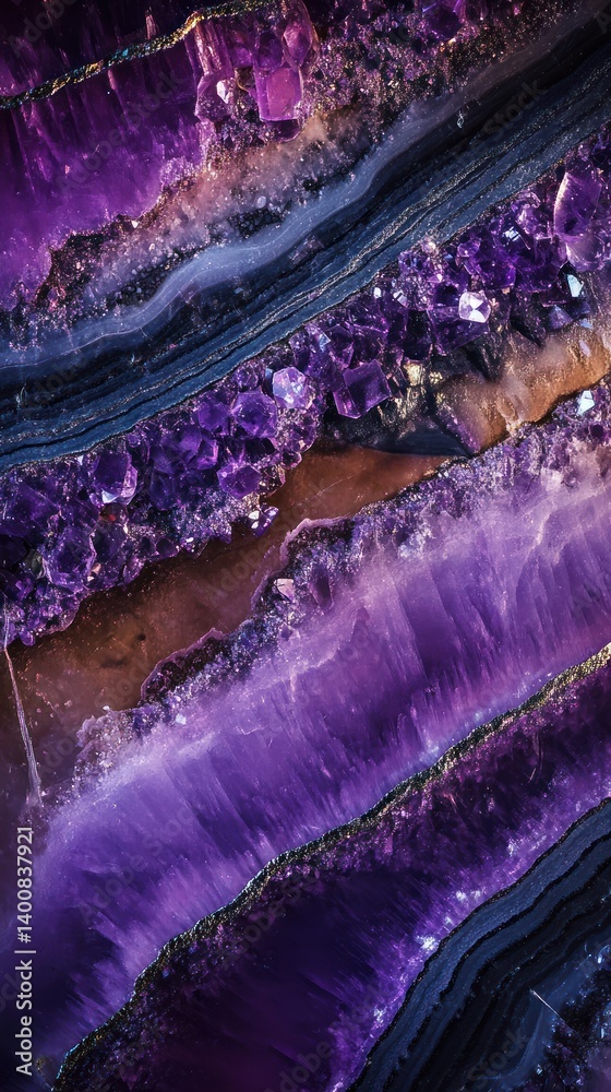 Obraz premium Macro shot of natural Amethyst gem or mineral texture background, organic stones patterns and colors. Abstract geological ornaments unique structures, AI generated