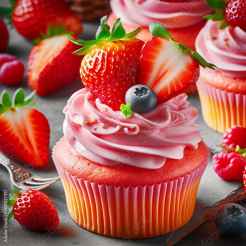 Delicious Strawberry Cupcake with Pink Frosting and Fresh Fruit Topping