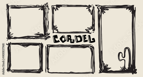 Vector collection of various frames in brazilian cordel woodcut style with lettering