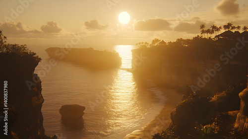 Scenic Ocean Coastline at Sunset Featuring Golden Light on the Water and Rocky Cliffs with Tropical Vegetation in Warm Hues