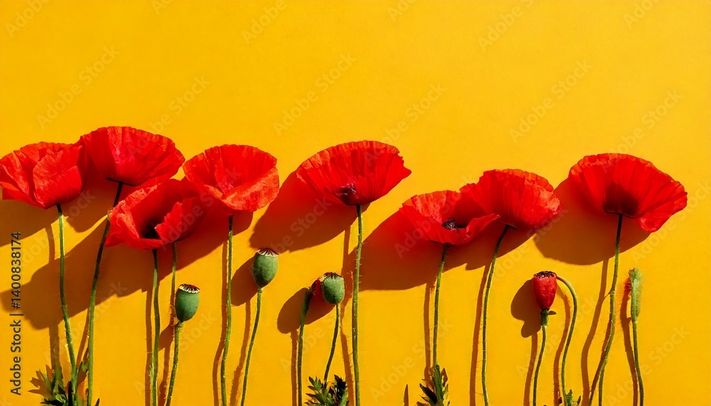 Obraz premium Red poppies. Flat lay with red poppy flowers on yellow background. Red common poppy yellow 