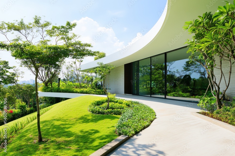 Modern building with curved roof and large windows surrounded by lush green landscape design outdoors Modern building with curved roof and large windows surrounded by lush green landscape design outdoors