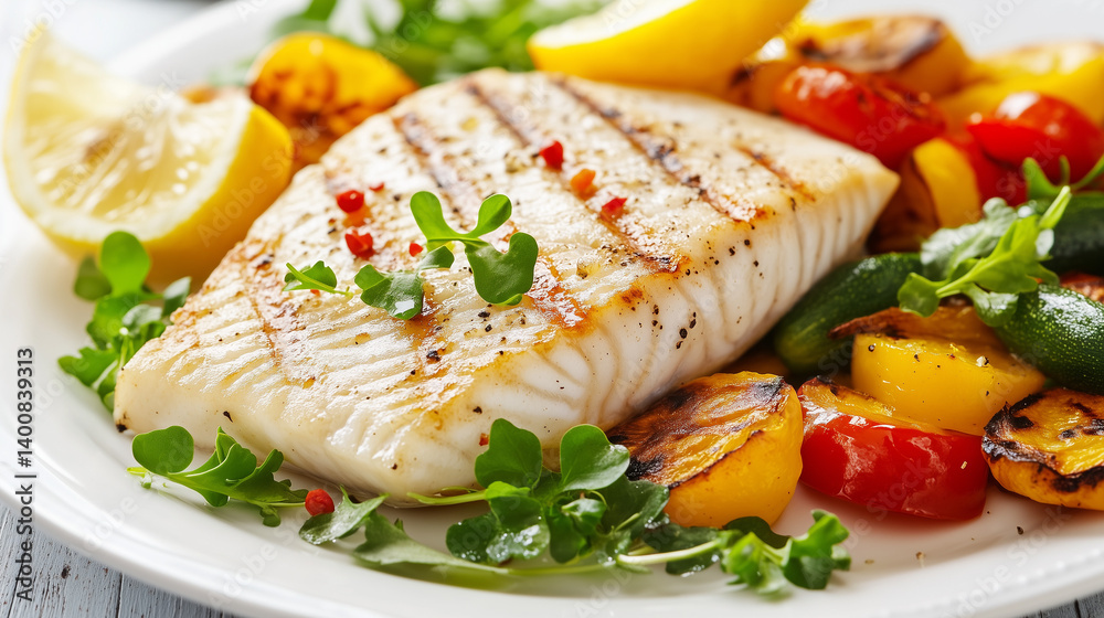 Grilled Barramundi Fillet with Lemon and Colorful Vegetables Grilled Barramundi Fillet with Lemon and Colorful Vegetables
