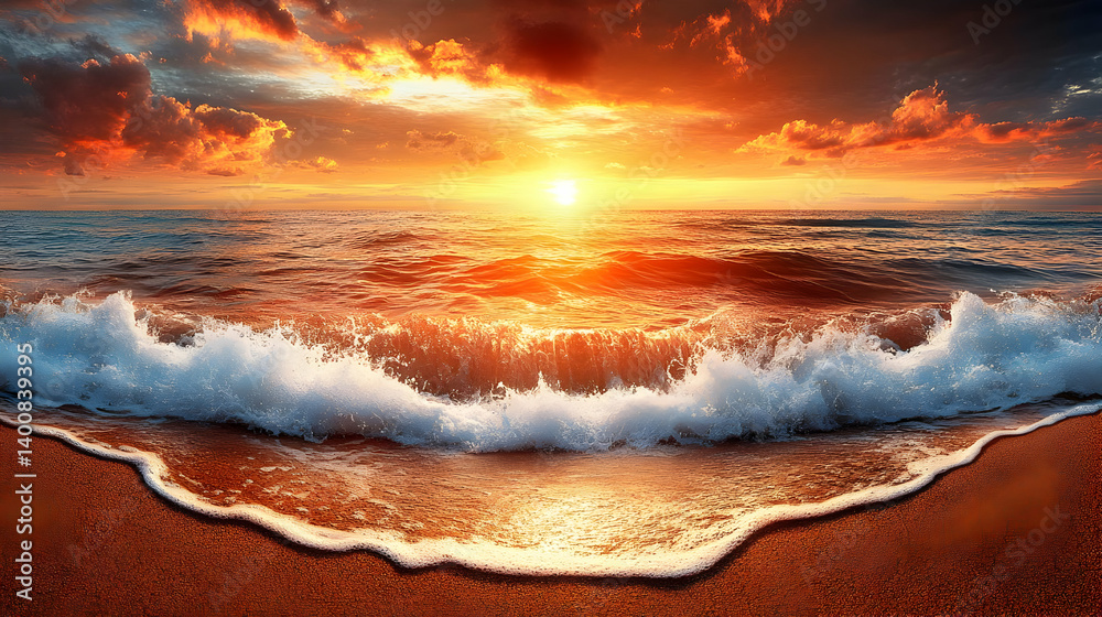 Scenic Ocean Sunset with Golden Sunlight Reflecting on the Water Surface and Sandy Beach Under a Dramatic Cloudy Sky