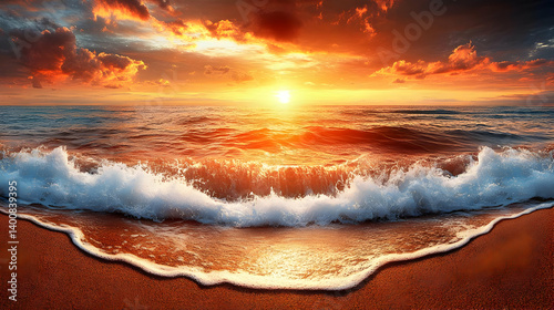 Obraz na płótnie Scenic Ocean Sunset with Golden Sunlight Reflecting on the Water Surface and Sandy Beach Under a Dramatic Cloudy Sky w salonie