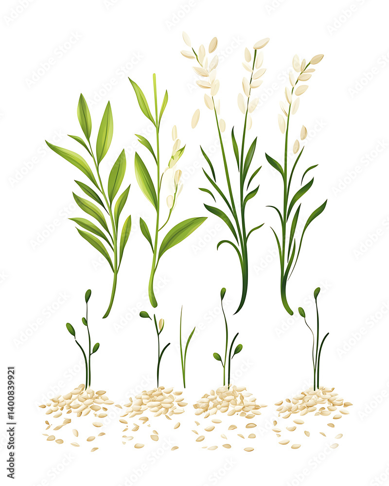 Obraz premium rice-related illustrations and smart farming technologies, focusing on grains, plants, cultivation, and innovative agricultural solutions for commercial use.