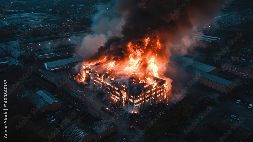 Aerial View of a Devastating Industrial Fire at Night Aerial View of a Devastating Industrial Fire at Night