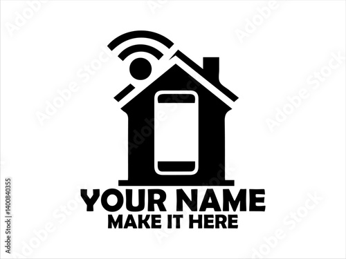 Illustration vector design simple black silhouette icon depicting a house with a smartphone inside emitting wireless signals. Smart home concept and logo design