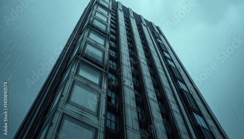 Imposing Skyscraper Architecture A Low-Angle View of a Modern High-Rise Building under a Stormy Sky