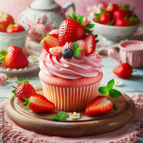 Delicious Strawberry Cupcake with Pink Frosting and Fresh Fruit Topping