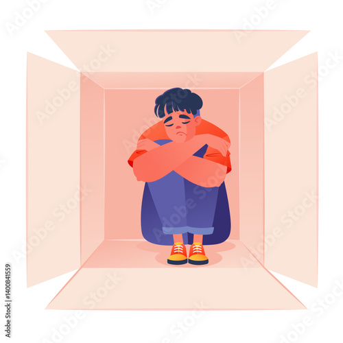Psychological metaphor. Desire to hide from world in order to preserve one's health, or to restore one's mental state. Young man, physically and mentally exhausted, sits with his knees in box.
