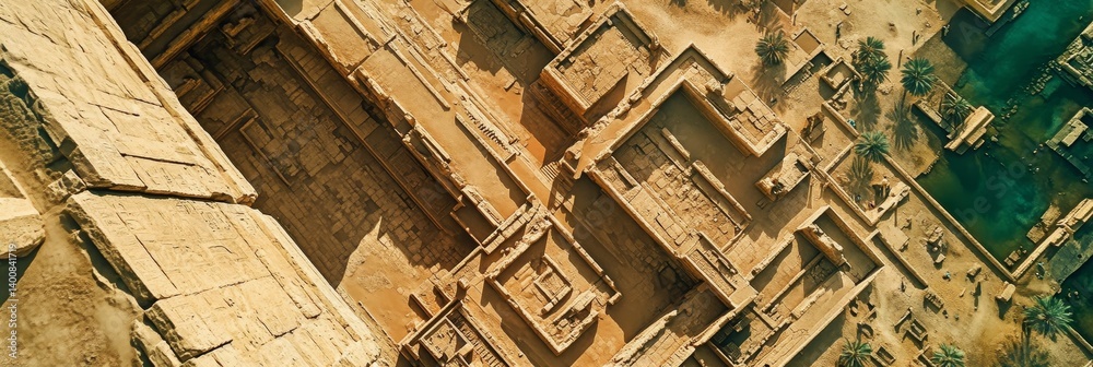 Aerial view of buildings with tan roofs near water. Aerial view of buildings with tan roofs near water.