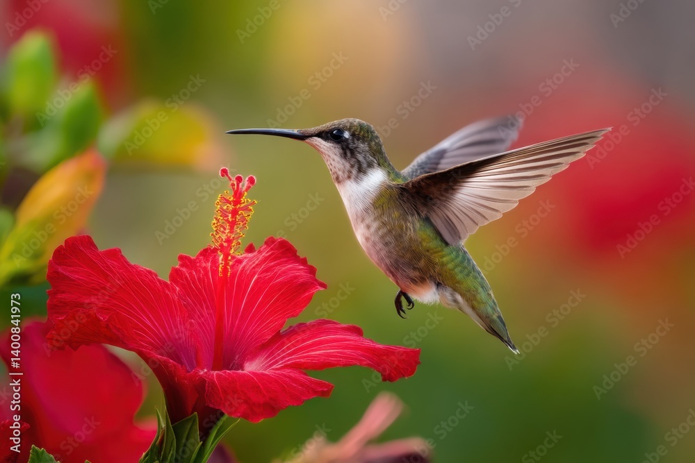 Fototapeta premium A vibrant hummingbird hovers delicately near a scarlet hibiscus blossom, wings blurred in motion, captured in golden hour light.