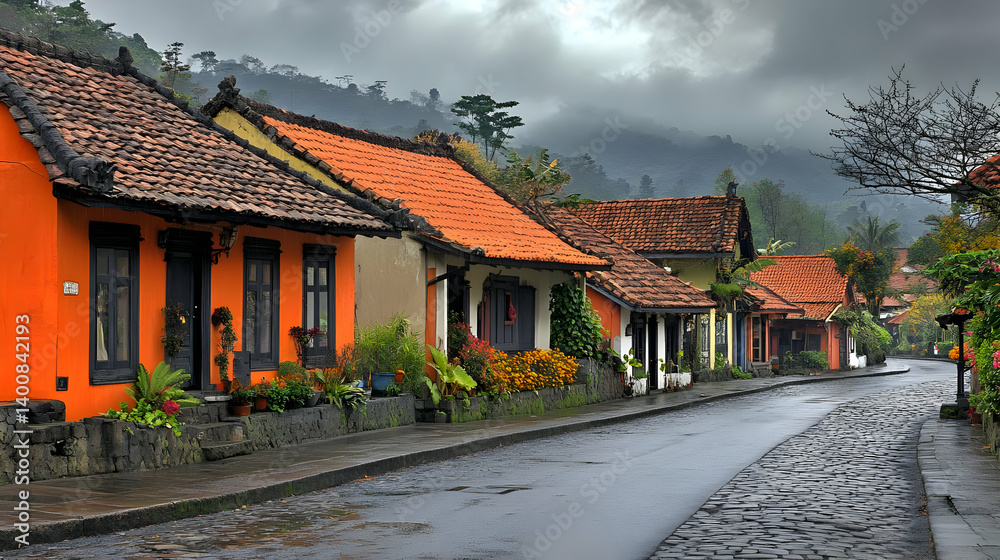 Scenic Orange Tiled Roof Houses Lining a Wet Cobblestone Street on a Cloudy Day in a Quaint Mountain Village