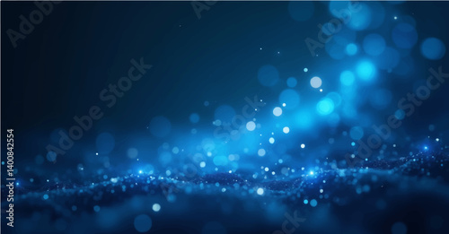 mesmerizing abstract scene showcasing vibrant blue glow particles delicately drifting across a dark, velvety background. The soft bokeh effect creates a dreamlike atmosphere, with the particles 