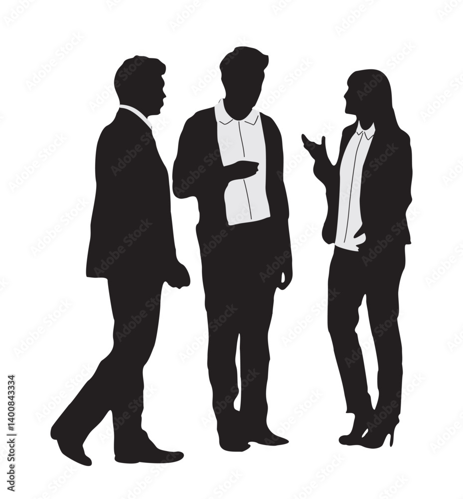 Group of Business people, men and woman talking to each other, discussing work problems. Scene is serious and formal. Flat vector silhouette illustration isolated on transparent background Group of Business people, men and woman talking to each other, discussing work problems. Scene is serious and formal. Flat vector silhouette illustration isolated on transparent background