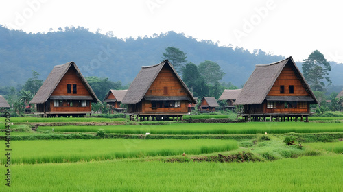 Scenic Rice Field Landscape with Traditional Wooden Stilt Houses and Thatched Roofs Against Forest Backdrop in Rural Area