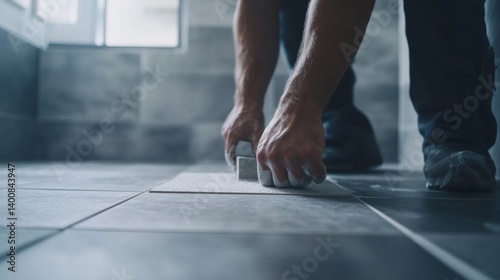 Tiler placing tiles on a bathroom floor. Featuring precision and neatness photo