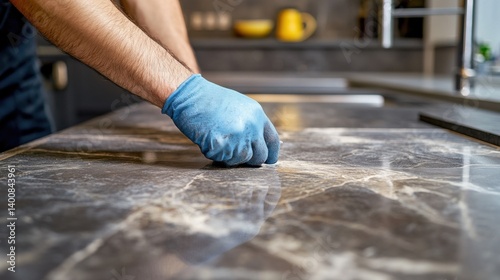 Tiler sealing tile grout in a kitchen. Featuring meticulous attention and finishing