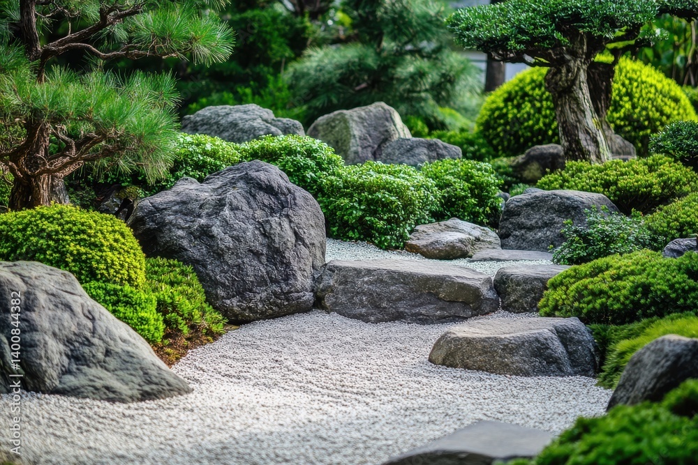 A serene japanese garden with rocks gravel and lush green plants in a tranquil setting outdoors A serene japanese garden with rocks gravel and lush green plants in a tranquil setting outdoors