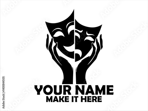 Monochromatic illustration of hands gracefully holding theatrical comedy and tragedy masks. Tatoo and logo vector design