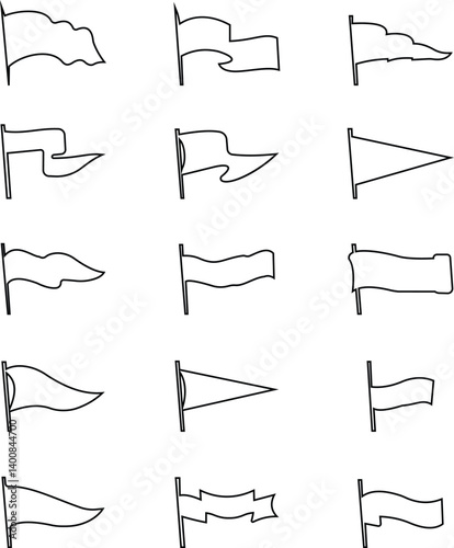 Retro pennant white and black flags icon set, banner pendants flagpoles, vector icons. Sport camp or university and varsity club pennants, blank waving flag poles, outline signs transparent background