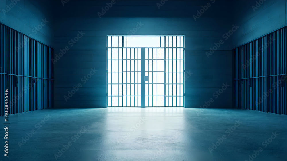 Dark Blue Concrete Prison Corridor With Illuminated Doorway Dark Blue Concrete Prison Corridor With Illuminated Doorway