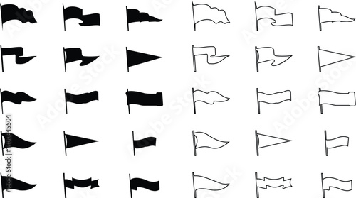 Retro pennant white and black flags icon set, banner pendants flagpoles, vector icons. Sport camp or university and varsity club pennants, blank waving flag poles, outline signs transparent background