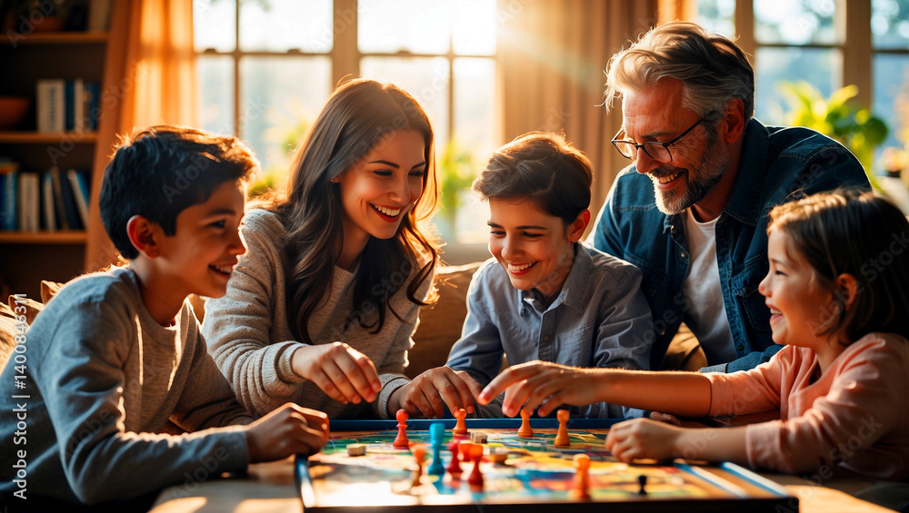 Fototapeta premium Family bonding over board games in sunlit living room