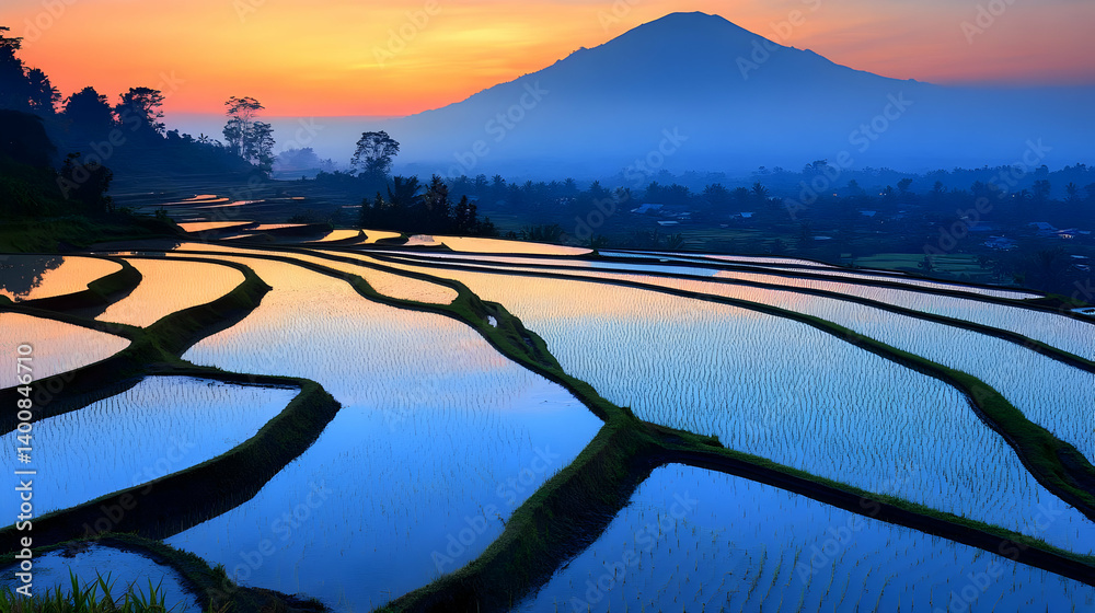 Scenic Rice Terraces Reflecting Sunset Sky with Mountain Silhouette in Rural Landscape and Vibrant Water Reflections