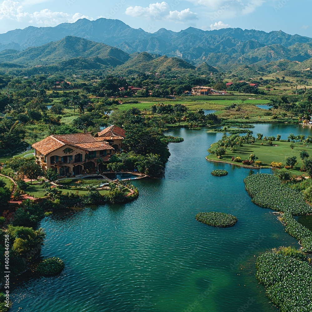 Idyllic Lakeside Estate Surrounded by Lush Greenery and Mountain Vista Idyllic Lakeside Estate Surrounded by Lush Greenery and Mountain Vista