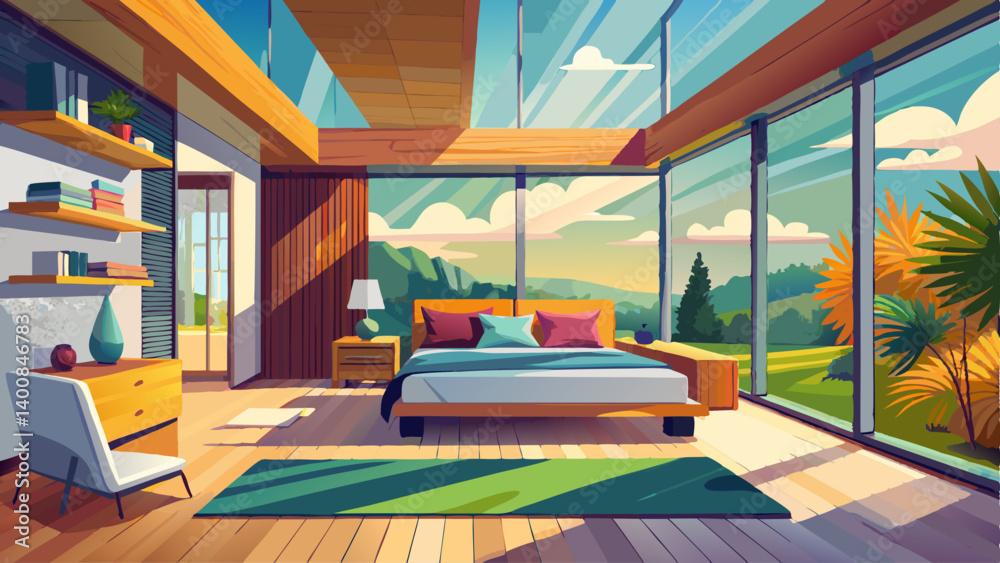 Naklejka premium Modern bedroom with large windows, wooden floor, and a view of a patio.