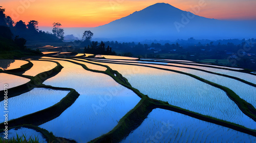 Obraz na płótnie Scenic Rice Terraces Reflecting Sunset Sky with Mountain Silhouette in Rural Landscape and Vibrant Water Reflections w salonie