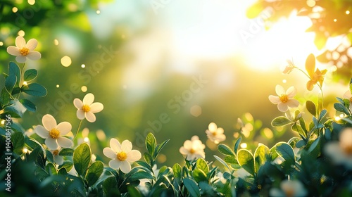 Fototapeta Naklejka Na Ścianę i Meble -  Spring meadow background with green grass and white flowers