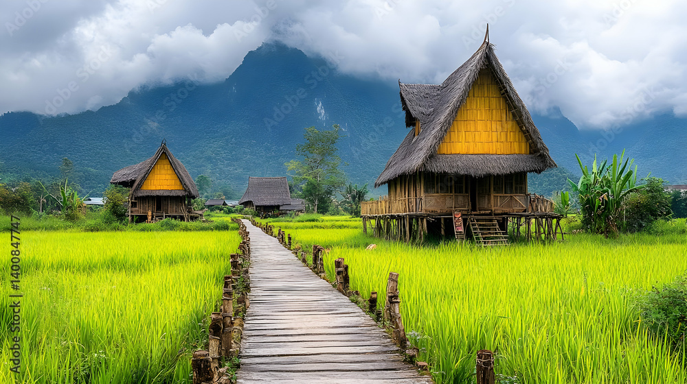 Scenic Rice Terraces with Thatched Roof Houses and Mountain Backdrop Under Cloudy Sky in Rural Asia