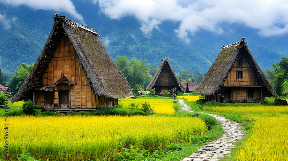 Scenic Rural Landscape Featuring Thatched Roof Dwellings Amidst Fields and Lush Mountains Under a Partly Cloudy Sky