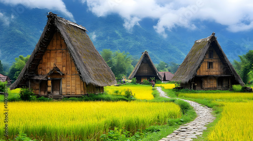 Obraz na płótnie Scenic Rural Landscape Featuring Thatched Roof Dwellings Amidst Fields and Lush Mountains Under a Partly Cloudy Sky w salonie
