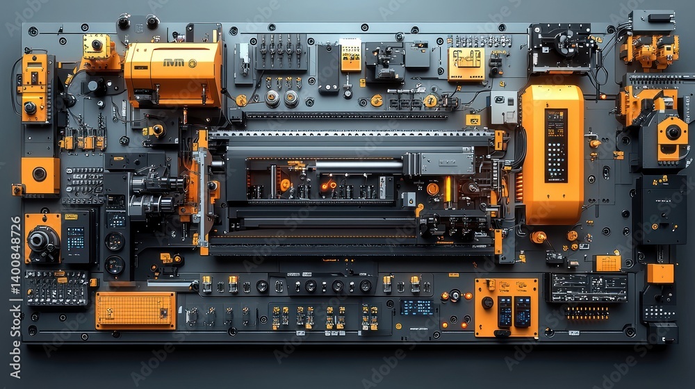 Detailed machinery panel featuring complex mechanisms and vibrant accents Detailed machinery panel featuring complex mechanisms and vibrant accents