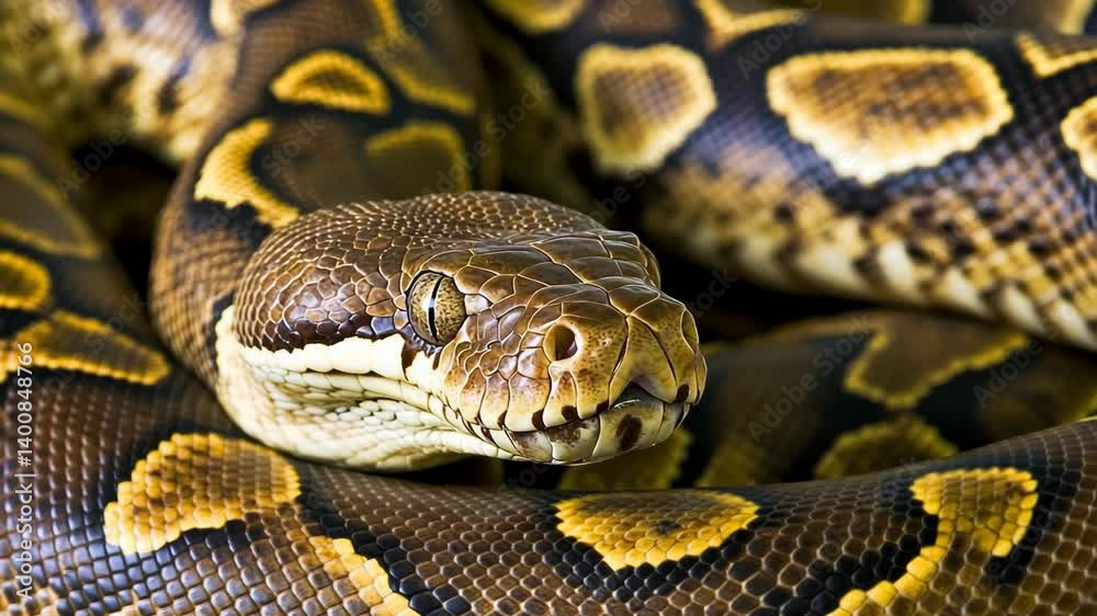 Close-up view of a vibrant python resting on textured surface in a natural habitat during daylight hours Close-up view of a vibrant python resting on textured surface in a natural habitat during daylight hours